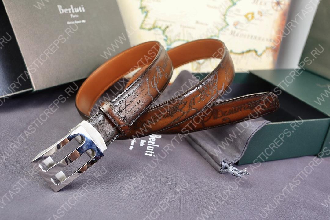 BERLUTI SIGNATURE SCRITTO LEATHER BELT TOBACCO BIS C0063