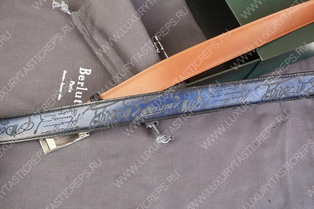 BERLUTI SIGNATURE SCRITTO LEATHER BELT BLUE C0063