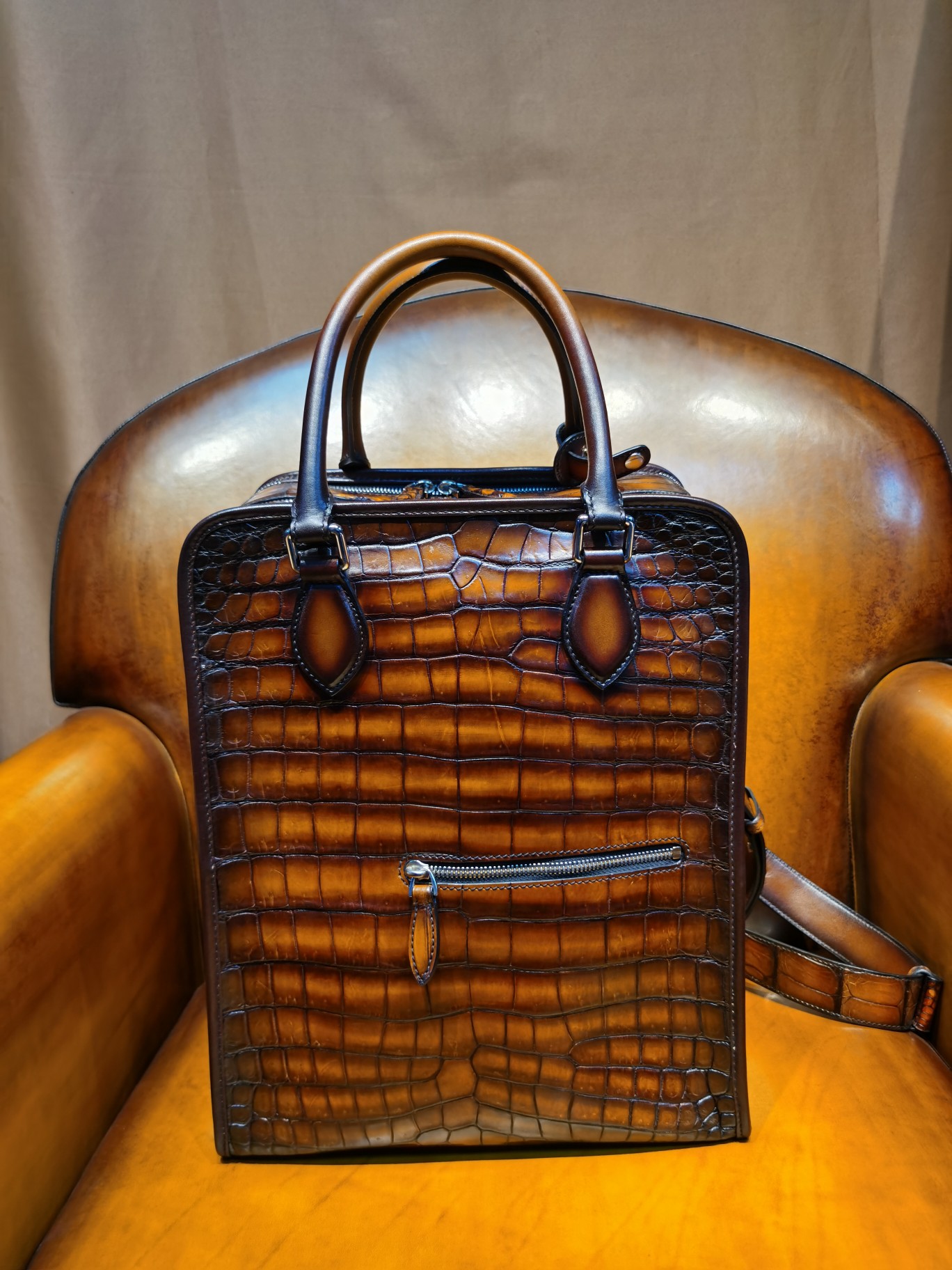 BERLUTI CROC EMBOSED LEATHER BACKPACK BROWN S1243-V3
