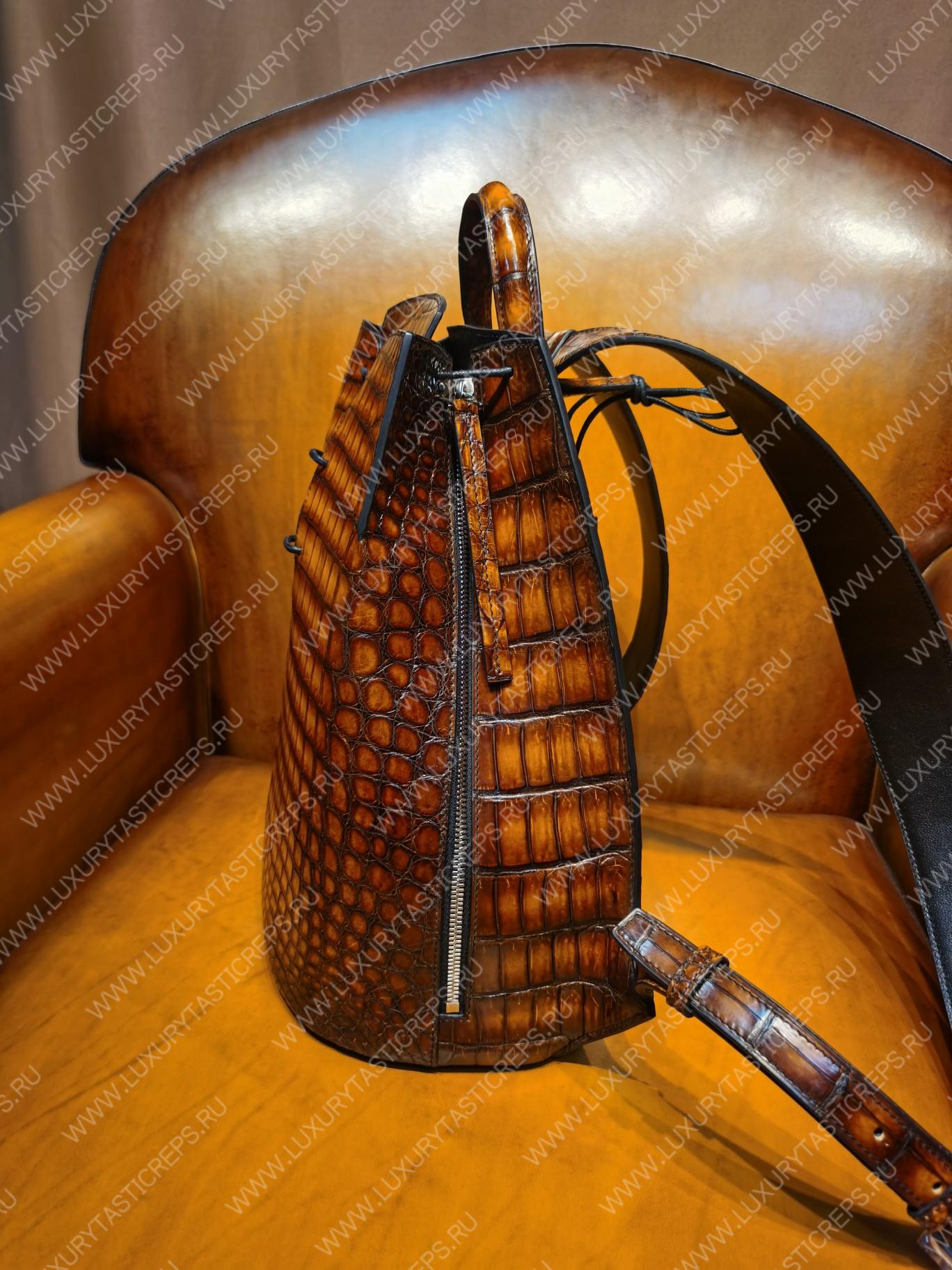 BERLUTI CROC EMBOSED LEATHER BACKPACK BROWN S1243-V3