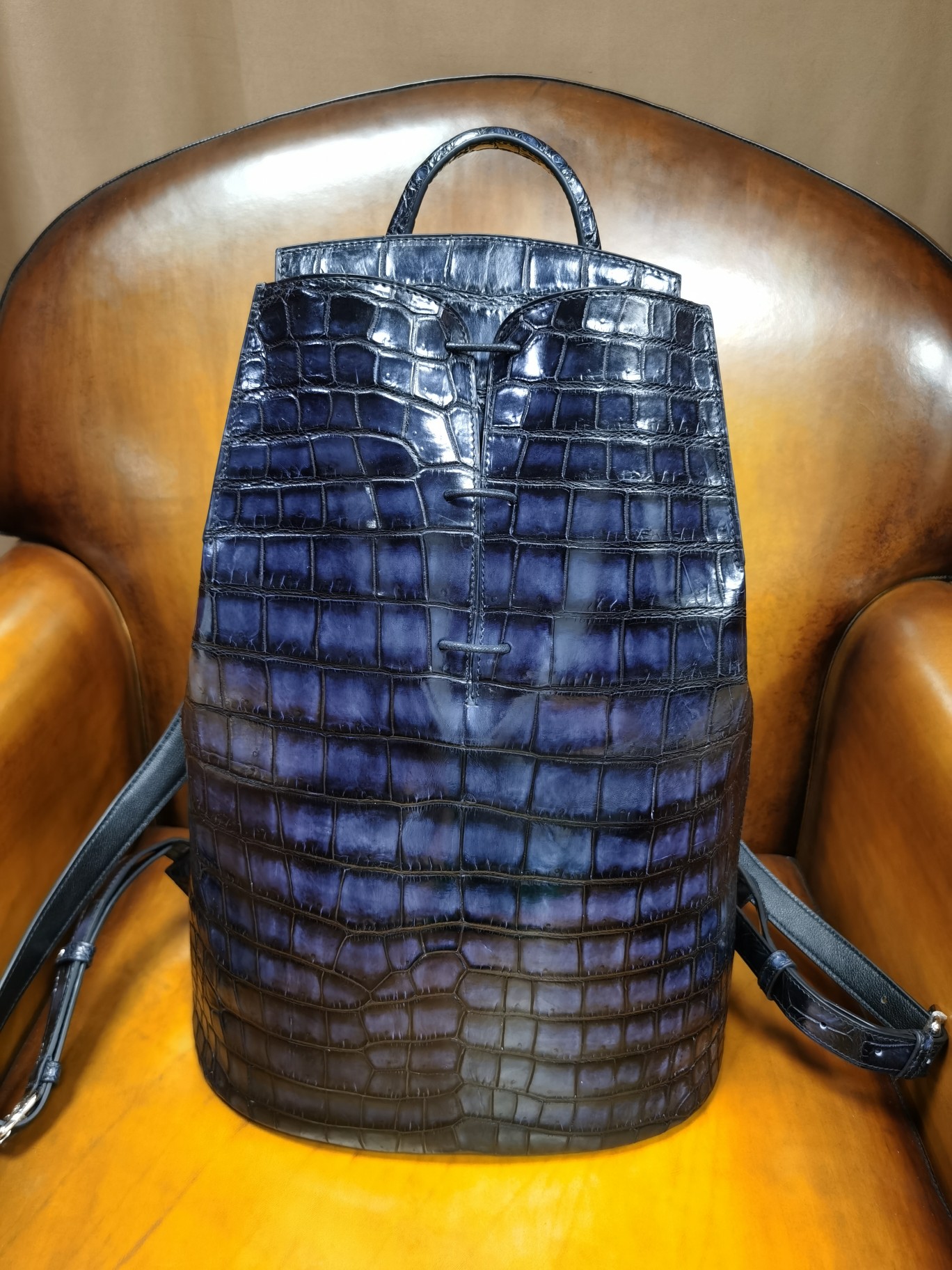 BERLUTI CROC EMBOSED LEATHER BACKPACK BLUE S1243-V3